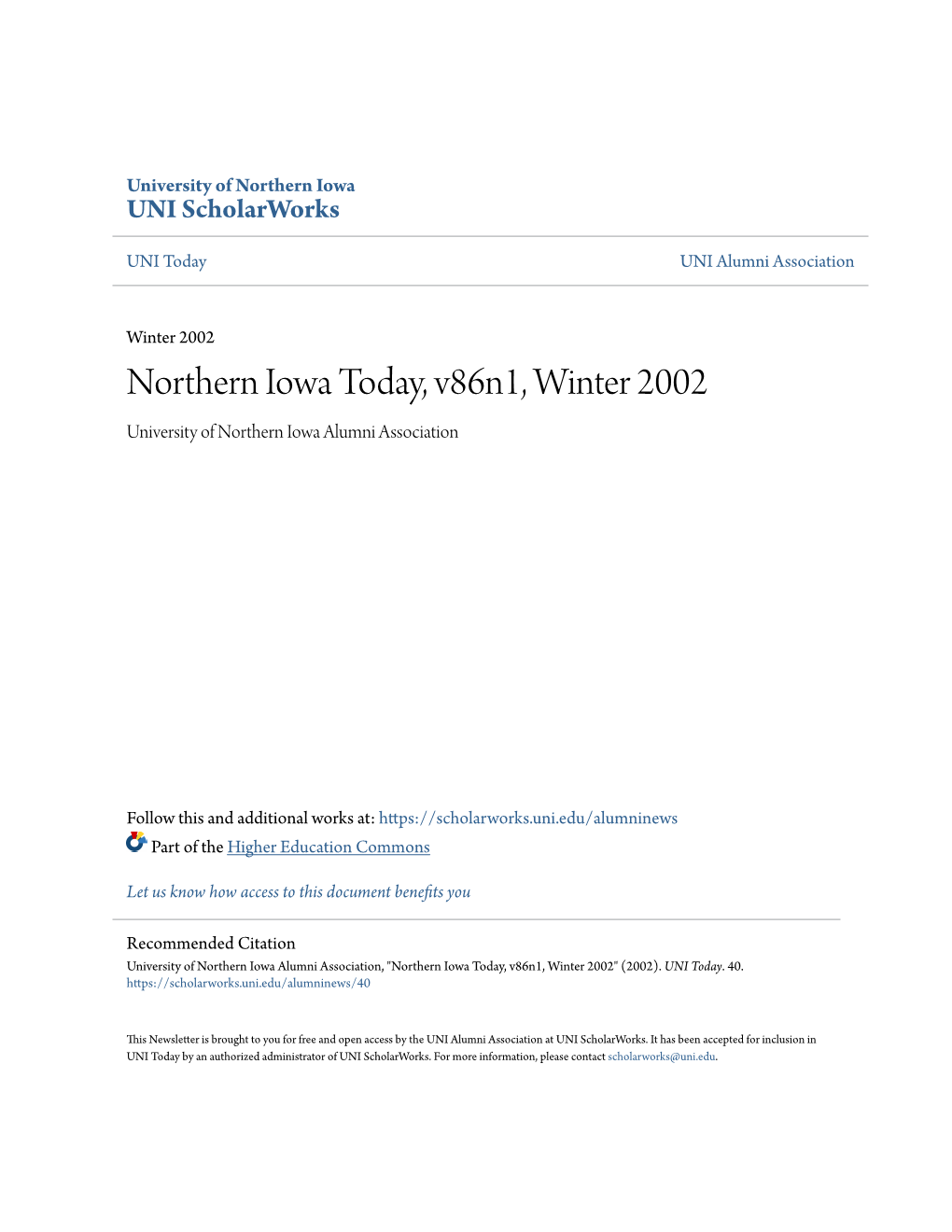 Northern Iowa Today, V86n1, Winter 2002 University of Northern Iowa Alumni Association