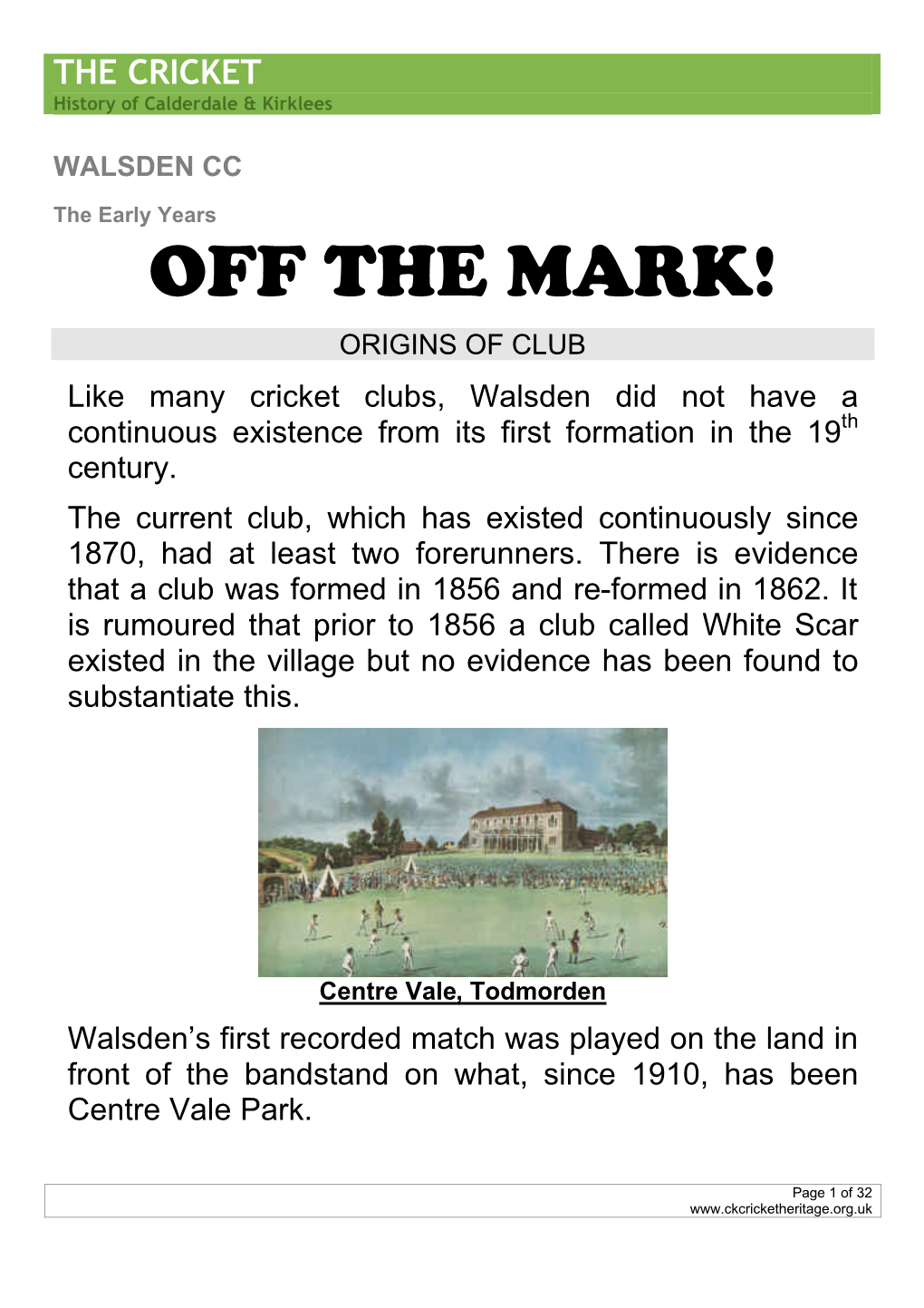 THE CRICKET History of Calderdale & Kirklees