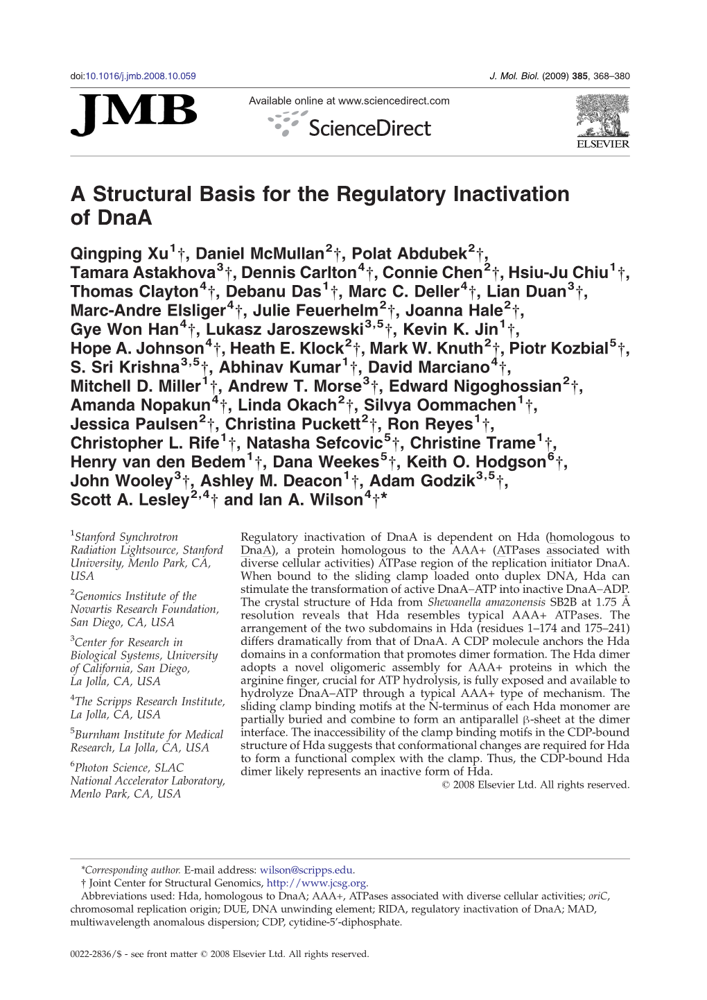 A Structural Basis for the Regulatory Inactivation of Dnaa