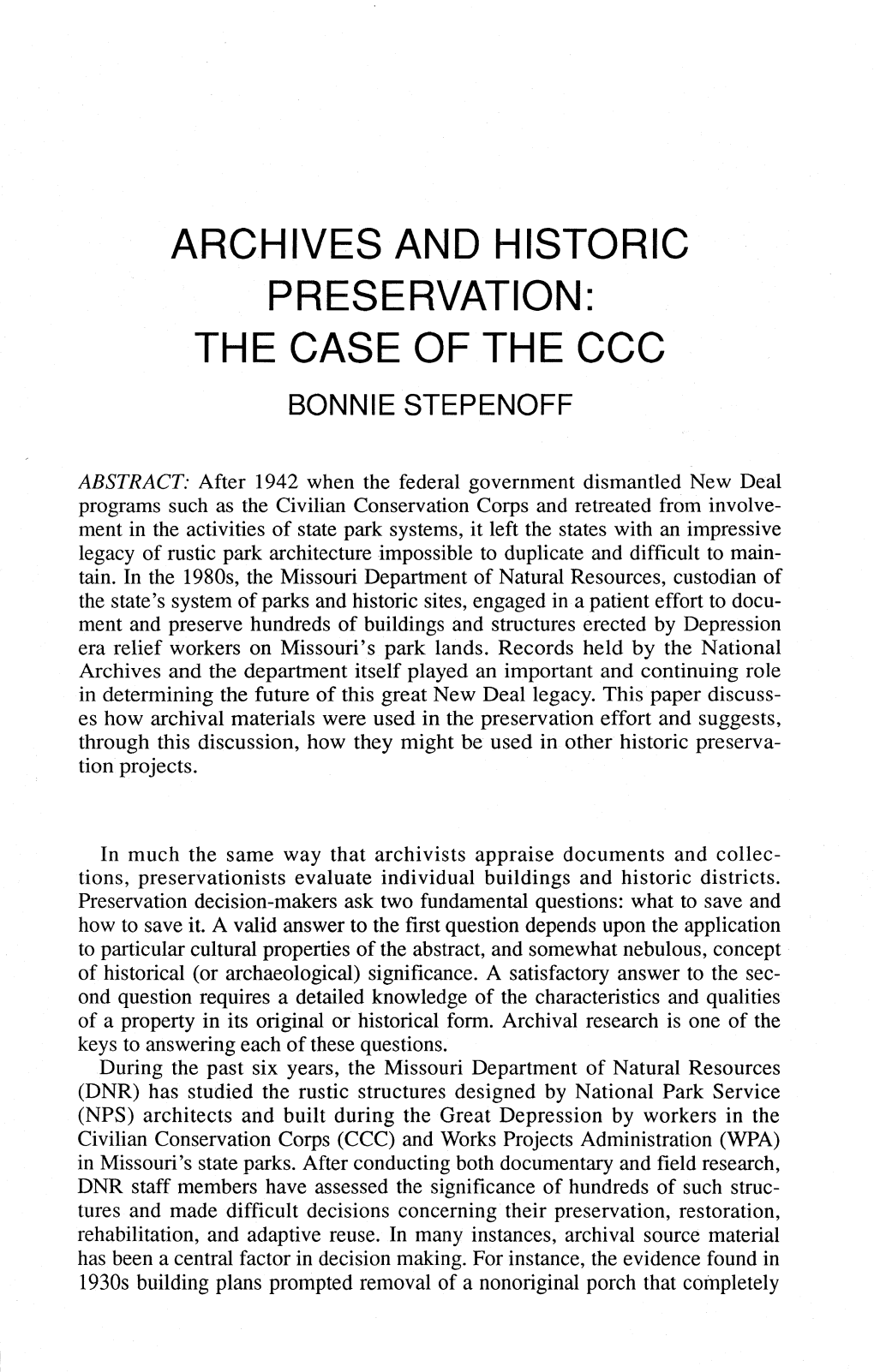Archives and Historic Preservation: the Case of the Ccc Bonnie Stepenoff