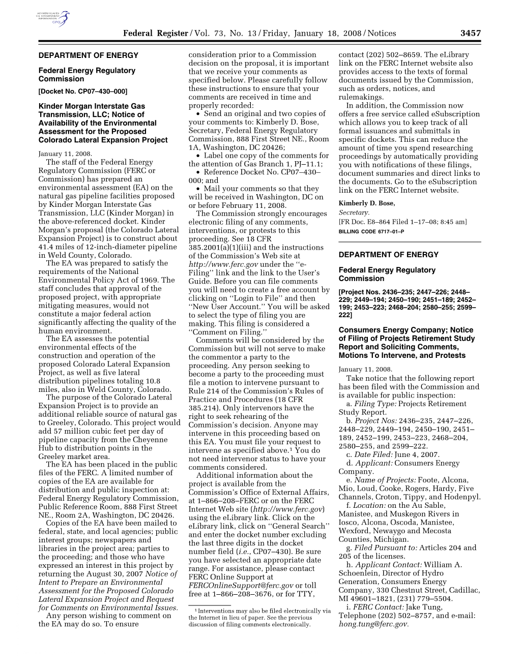 Federal Register/Vol. 73, No. 13/Friday, January 18, 2008/Notices