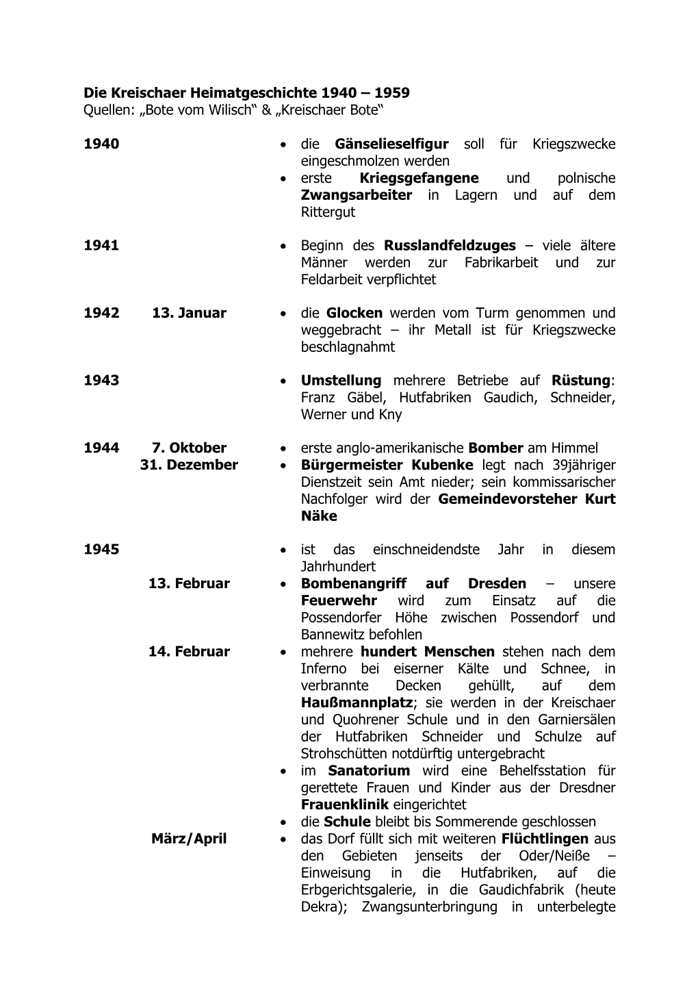 Die Kreischaer Heimatgeschichte 1940 – 1959 Quellen: „Bote Vom Wilisch“ & „Kreischaer Bote“