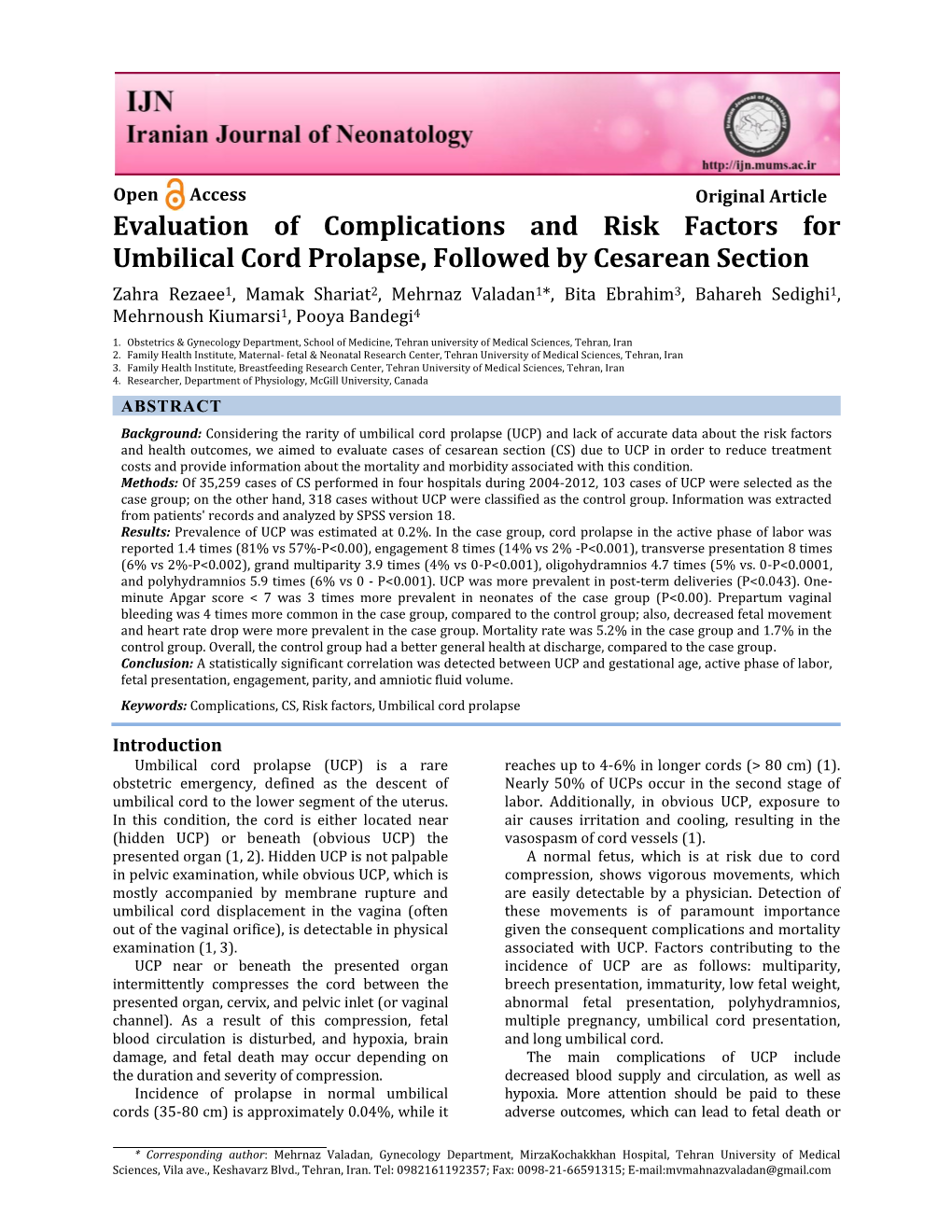 Evaluation of Complications and Risk Factors for Umbilical Cord Prolapse