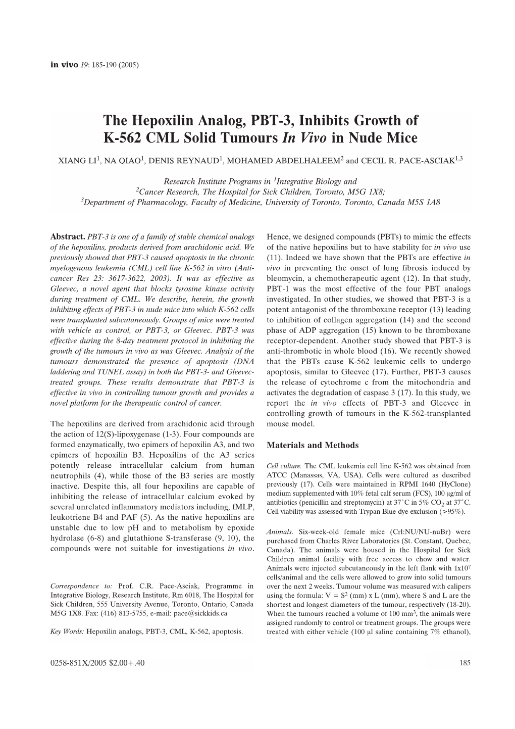 The Hepoxilin Analog, PBT-3, Inhibits Growth of K-562 CML Solid Tumours in Vivo in Nude Mice