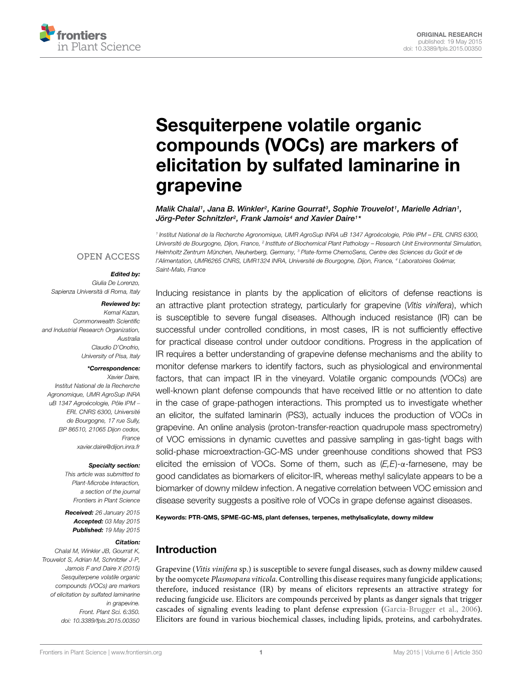 Sesquiterpene Volatile Organic Compounds (Vocs) Are Markers of Elicitation by Sulfated Laminarine in Grapevine