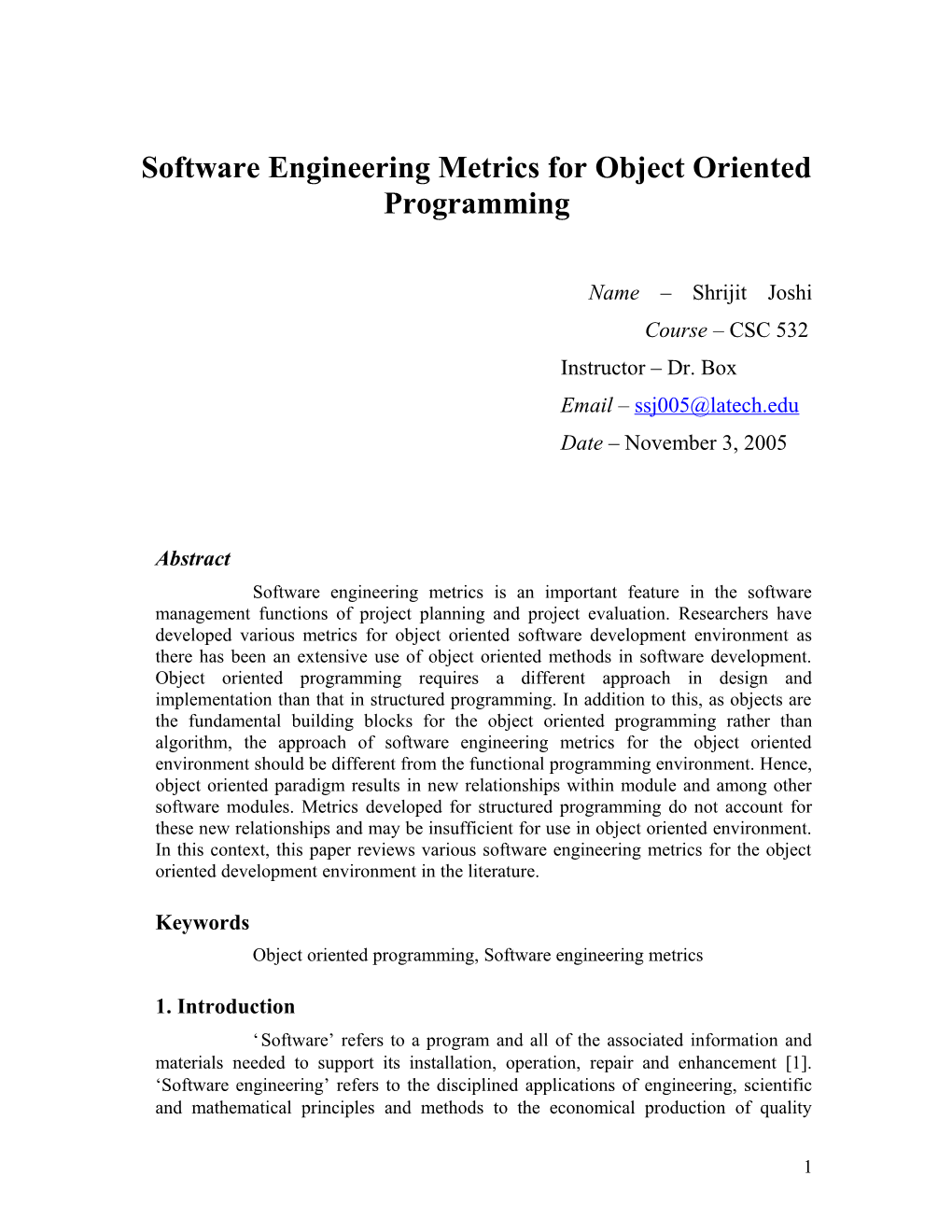 Software Engineering Metric for Object Oriented Programming