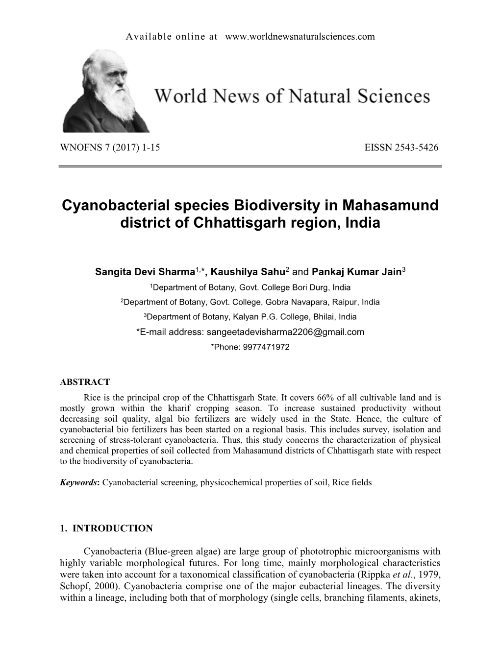 Cyanobacterial Species Biodiversity in Mahasamund District of Chhattisgarh Region, India