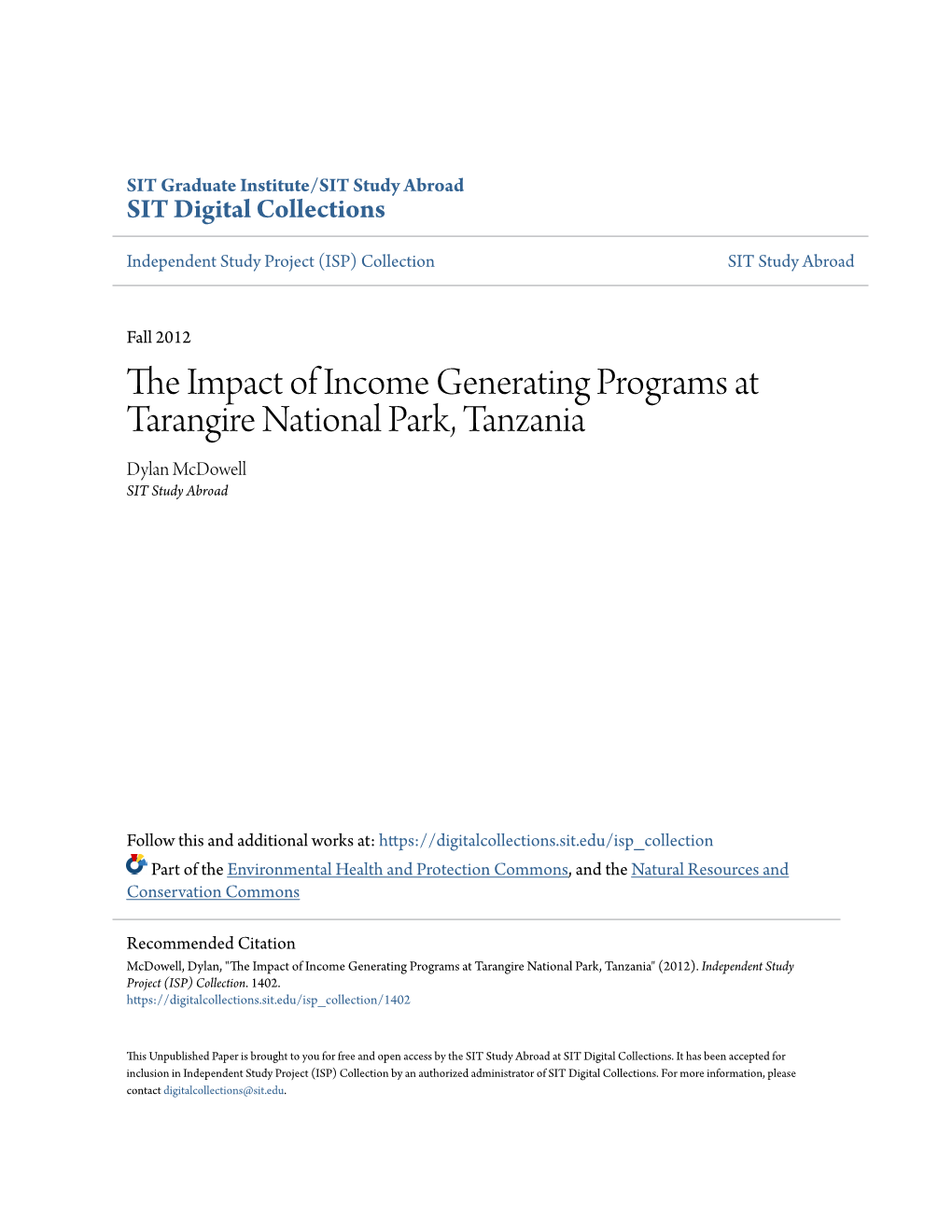 The Impact of Income Generating Programs at Tarangire National Park, Tanzania