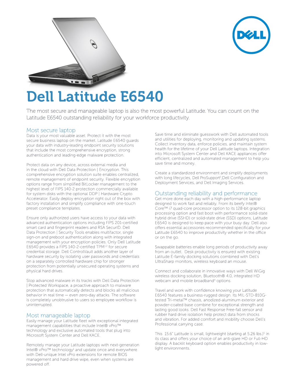 Dell Latitude E6540 the Most Secure and Manageable Laptop Is Also the Most Powerful Latitude