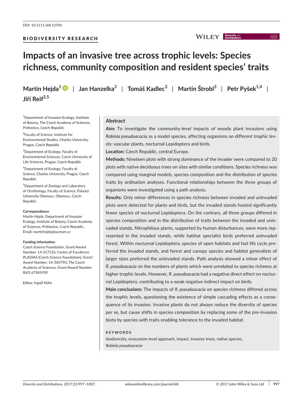 Impacts of an Invasive Tree Across Trophic Levels: Species Richness, Community Composition and Resident Species' Traits
