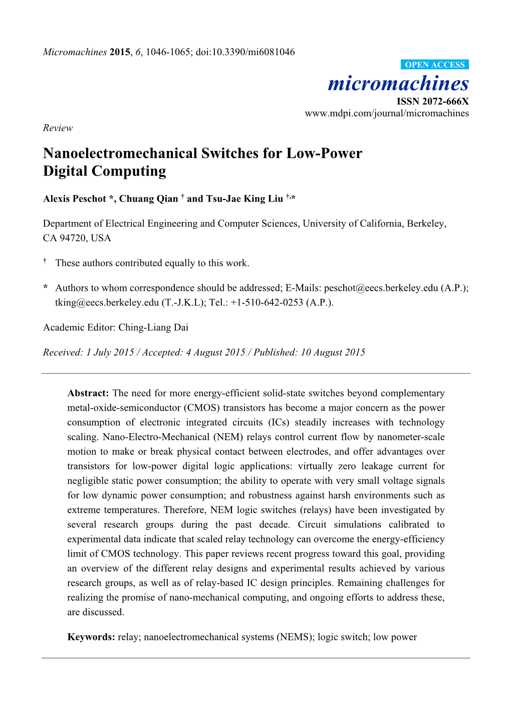 Nanoelectromechanical Switches for Low-Power Digital Computing
