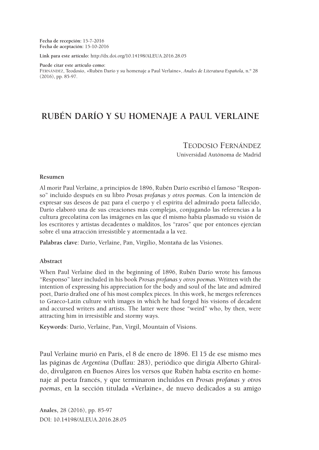 Rubén Darío Y Su Homenaje a Paul Verlaine», Anales De Literatura Española, N.º 28 (2016), Pp
