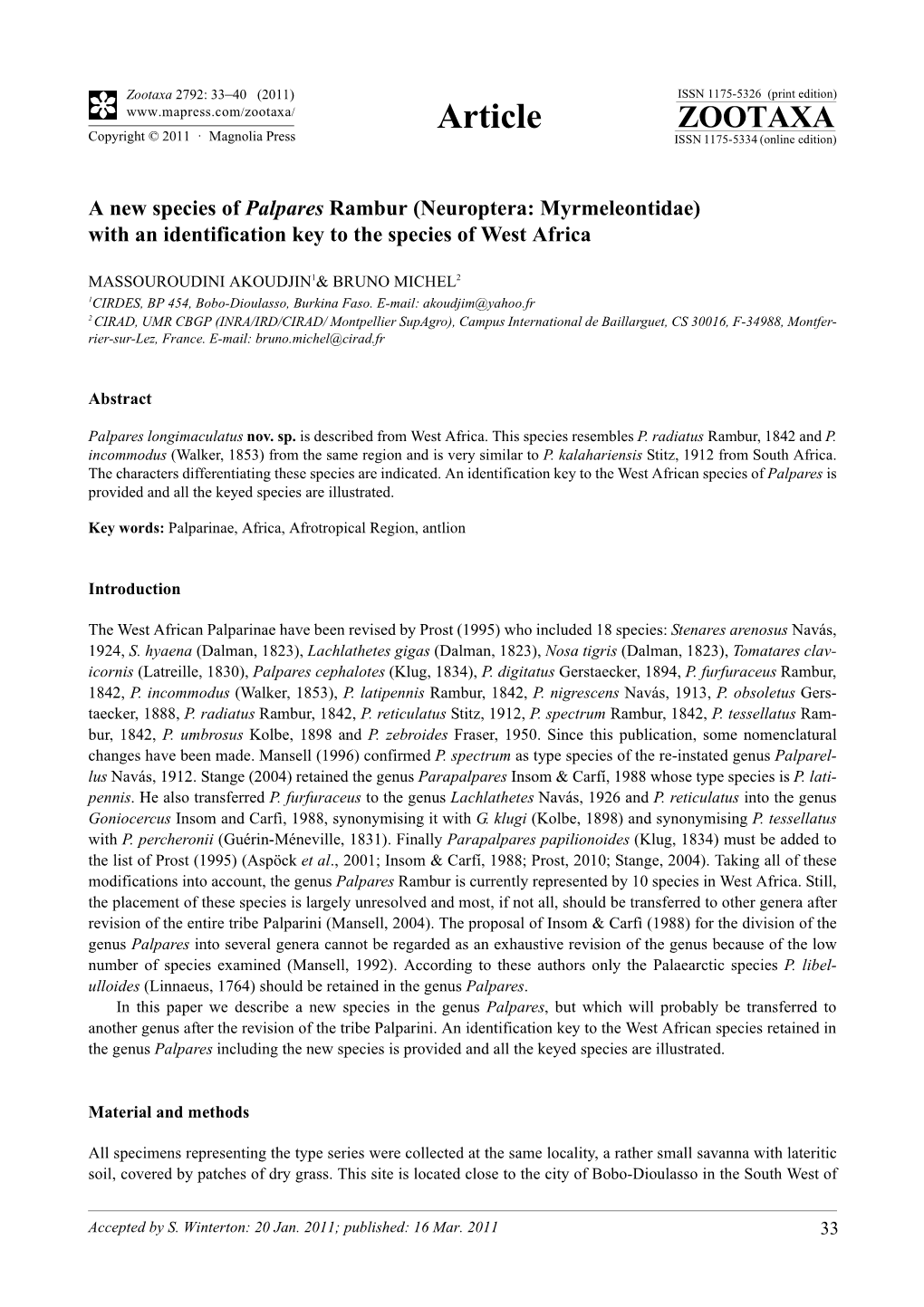 Neuroptera: Myrmeleontidae) with an Identification Key to the Species of West Africa