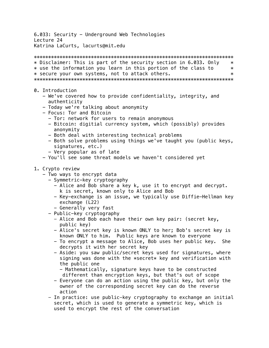 6.033: Security - Underground Web Technologies Lecture 24 Katrina Lacurts, Lacurts@Mit.Edu