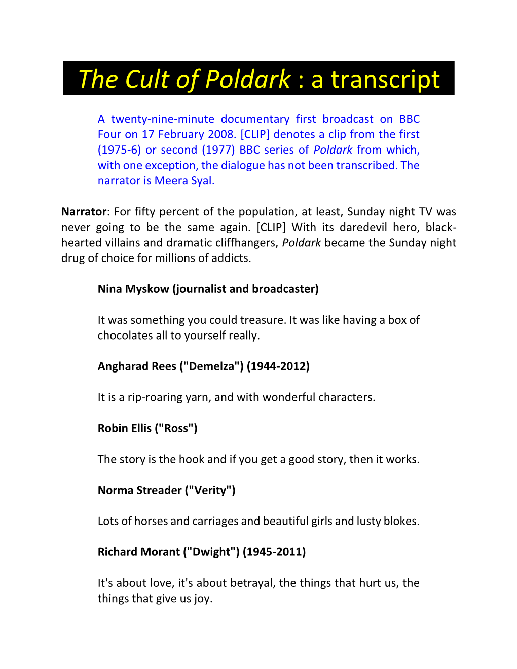 The Cult of Poldark : a Transcript