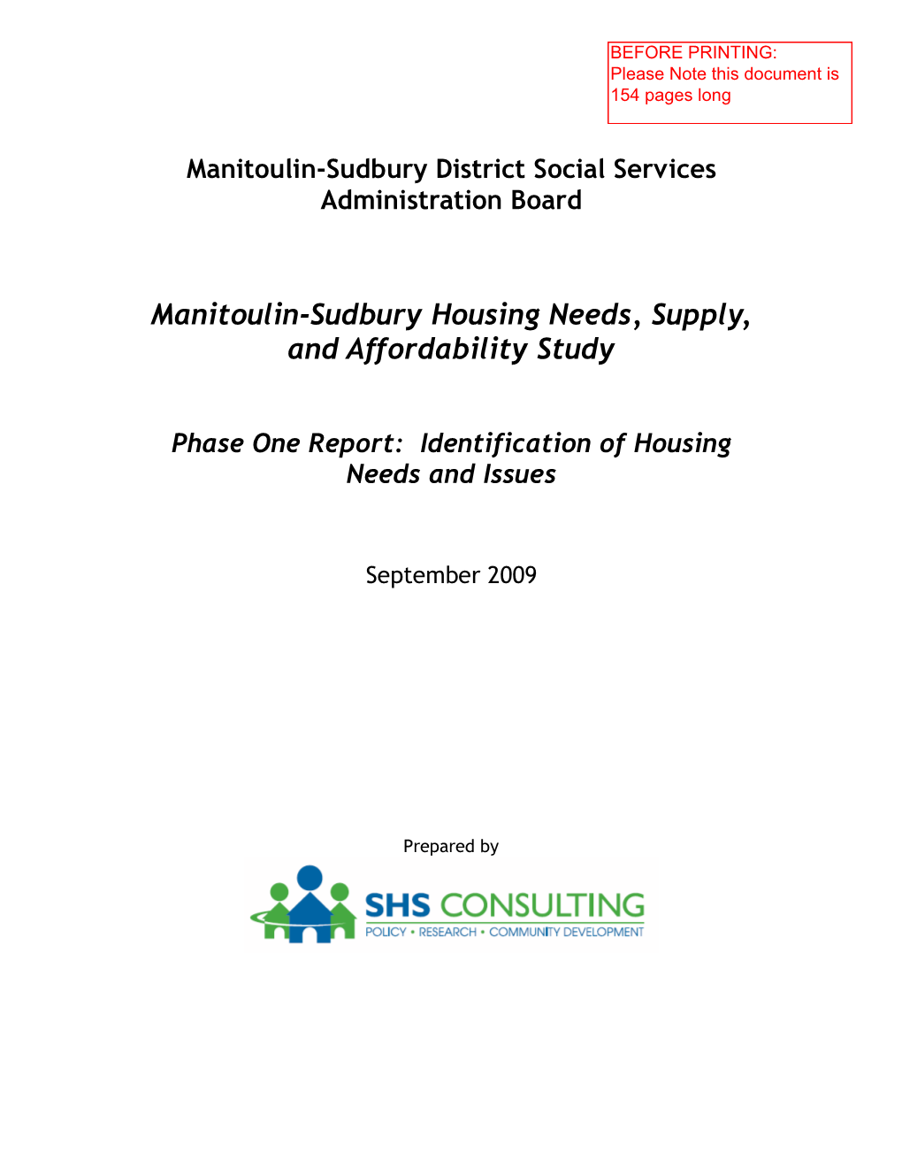 Manitoulin-Sudbury Housing Needs, Supply, and Affordability Study