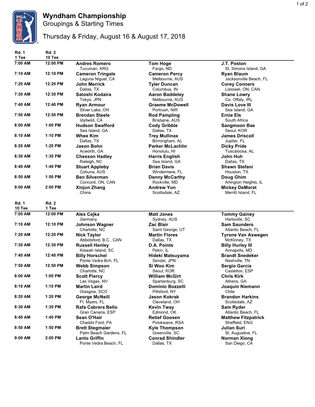 Wyndham Championship Groupings & Starting Times Thursday & Friday, August 16 & August 17, 2018