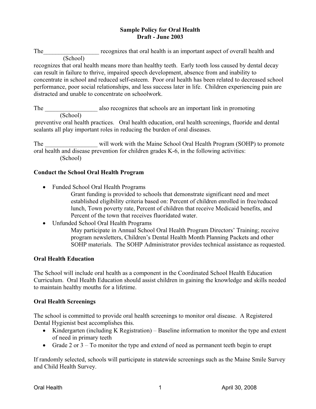 Sample Policy for Oral Health