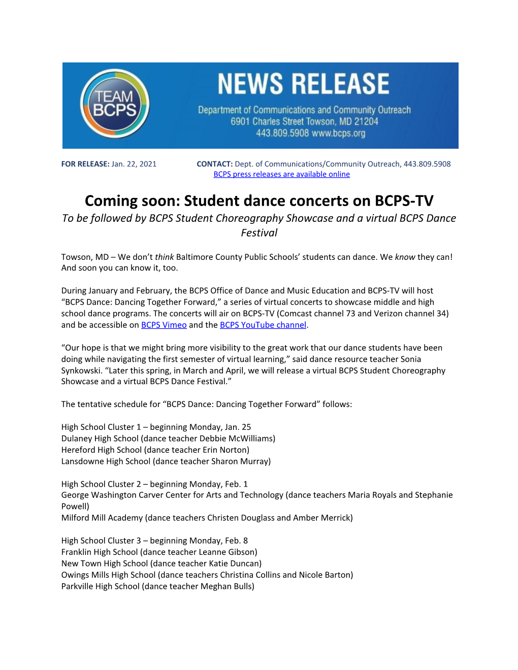 Coming Soon: Student Dance Concerts on BCPS-TV to Be Followed by BCPS Student Choreography Showcase and a Virtual BCPS Dance Festival