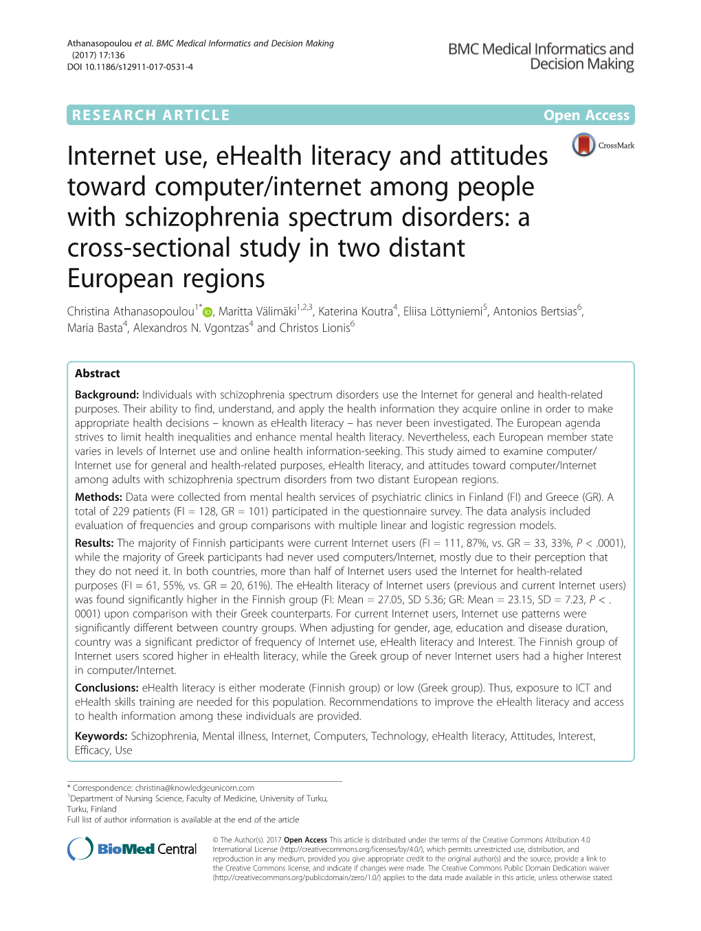 Internet Use, Ehealth Literacy and Attitudes Toward Computer/Internet