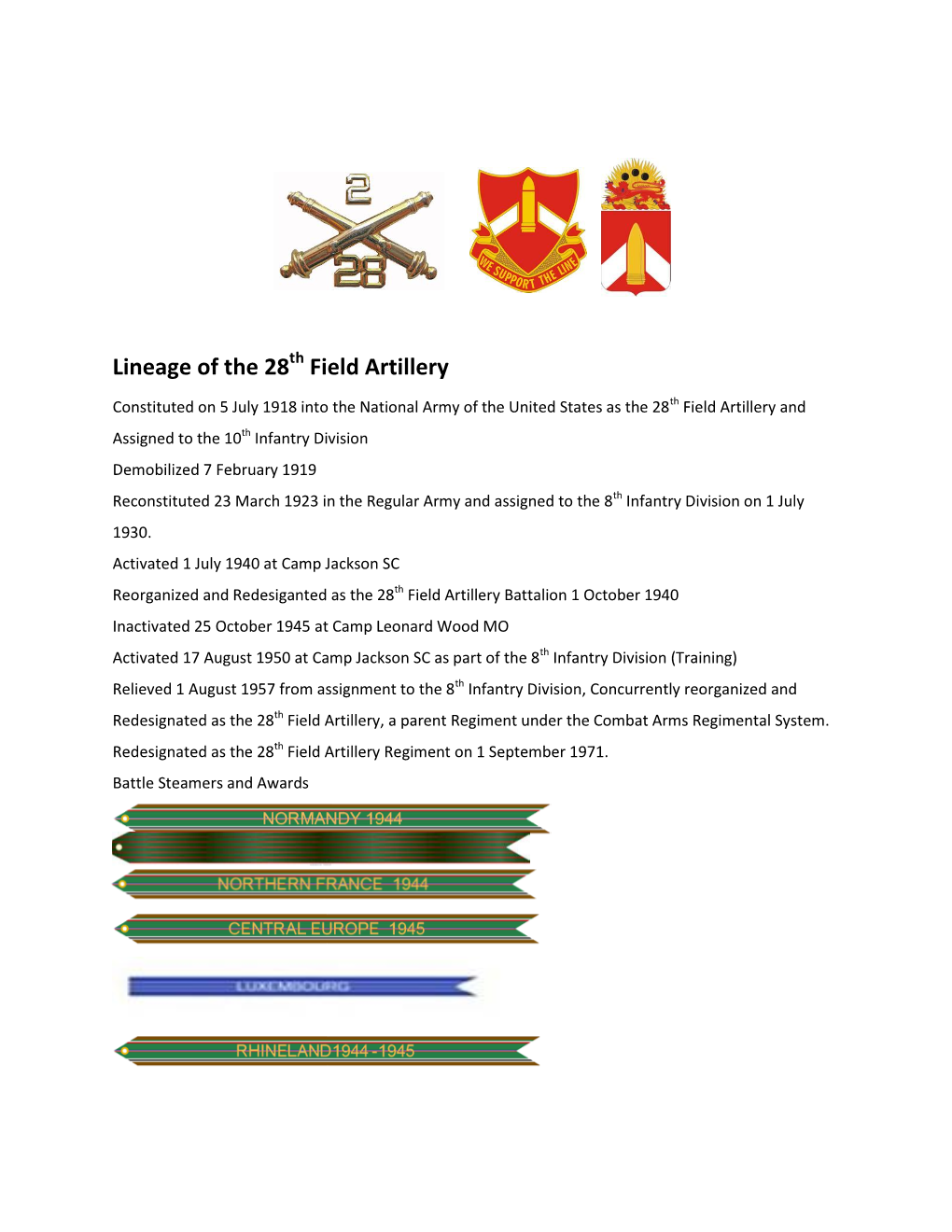Lineage of the 28 Field Artillery