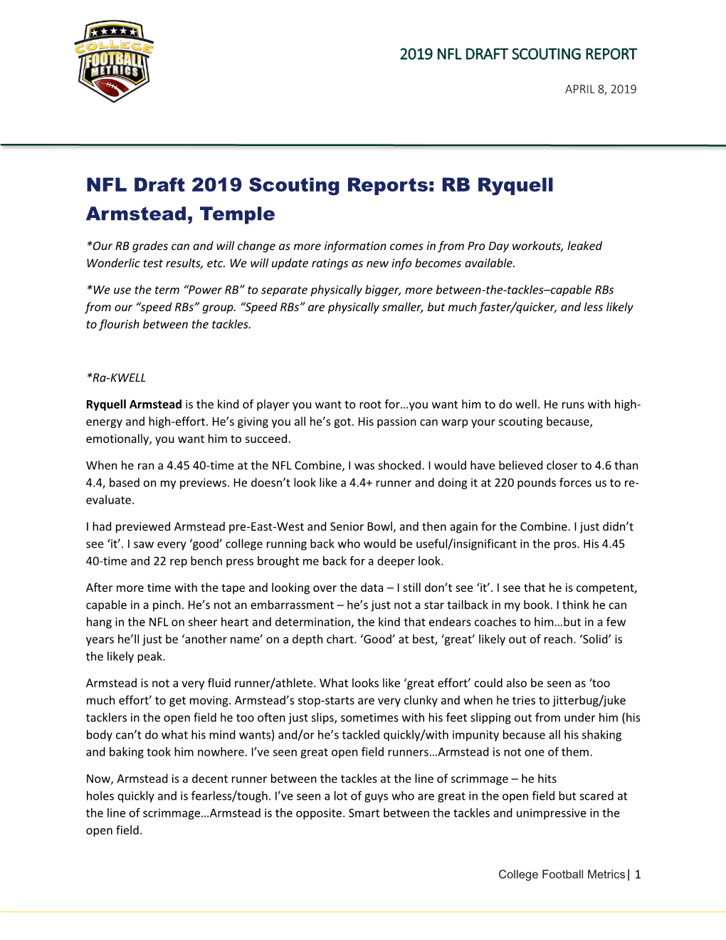 NFL Draft 2019 Scouting Reports: RB Ryquell Armstead, Temple