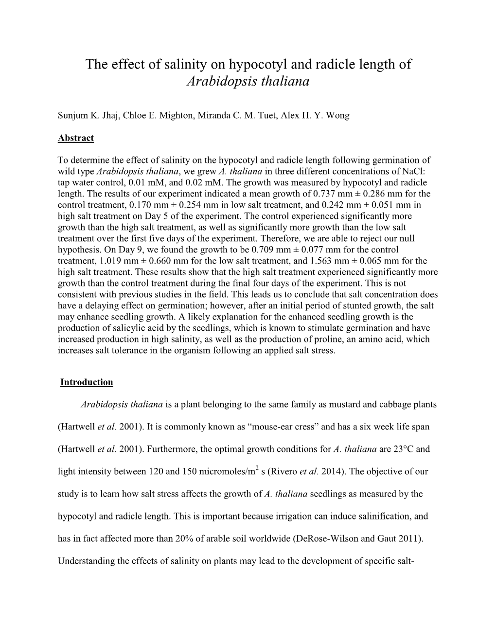 The Effect of Salinity on Hypocotyl and Radicle Length of Arabidopsis Thaliana