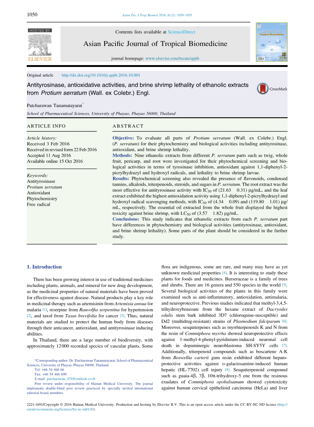 Antityrosinase, Antioxidative Activities, and Brine Shrimp Lethality of Ethanolic Extracts from Protium Serratum (Wall