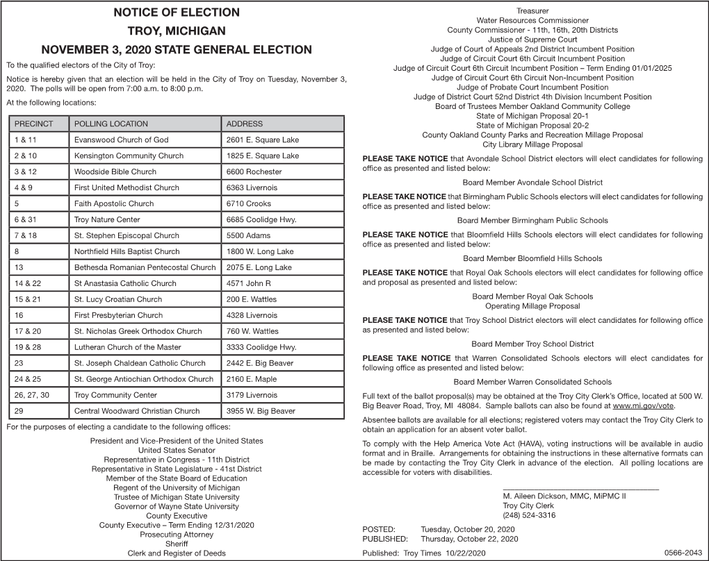 Notice of Election Troy, Michigan November 3, 2020