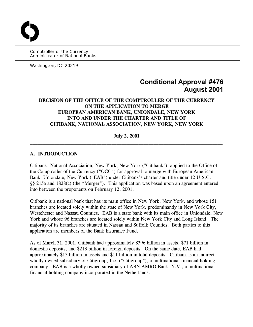 Conditional Approval #476 August 2001