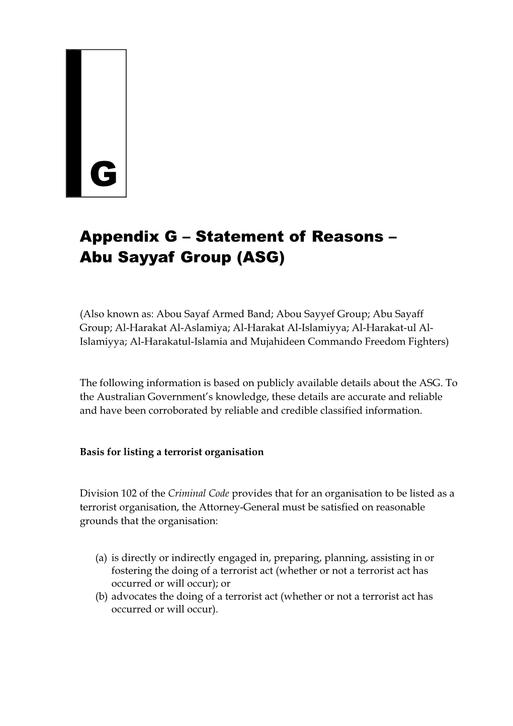 Appendix G – Statement of Reasons – Abu Sayyaf Group (ASG)