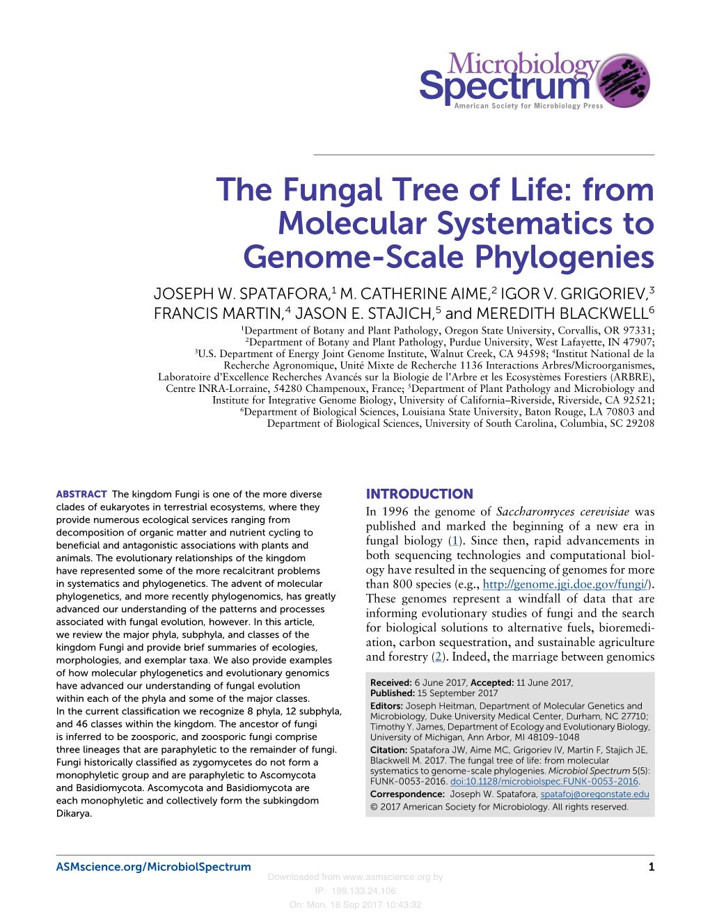 The Fungal Tree of Life: from Molecular Systematics to Genome-Scale Phylogenies JOSEPH W