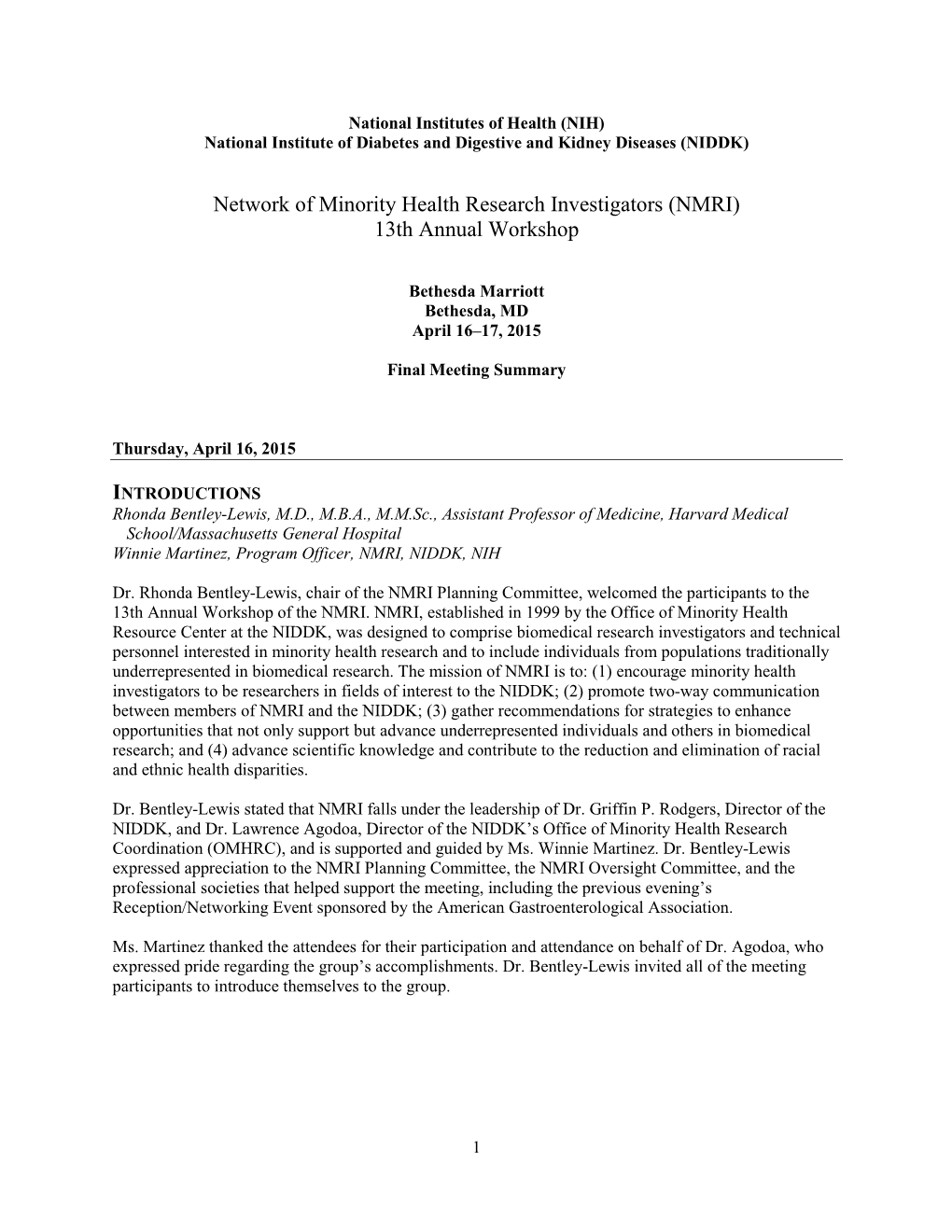 Network of Minority Health Research Investigators (NMRI) 13Th Annual Workshop