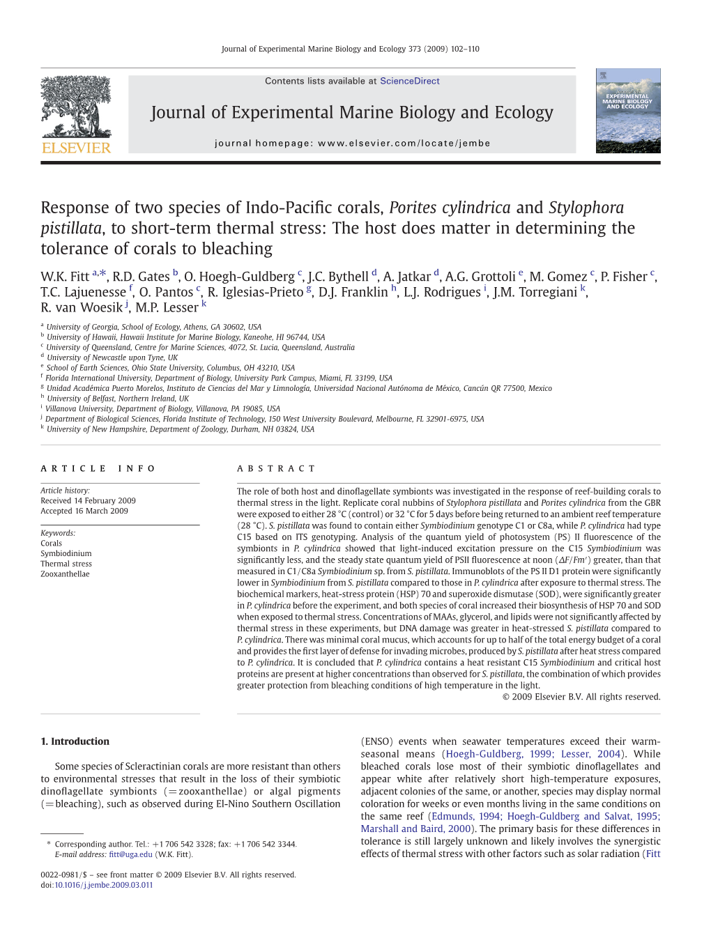 Response of Two Species of Indo-Pacific Corals, Porites