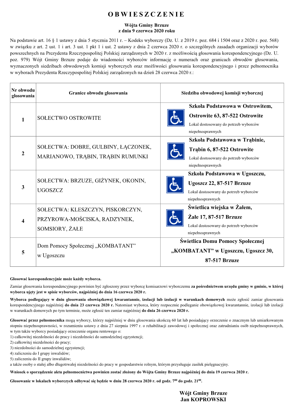 Obwieszczenie Wójta Gminy Brzuze