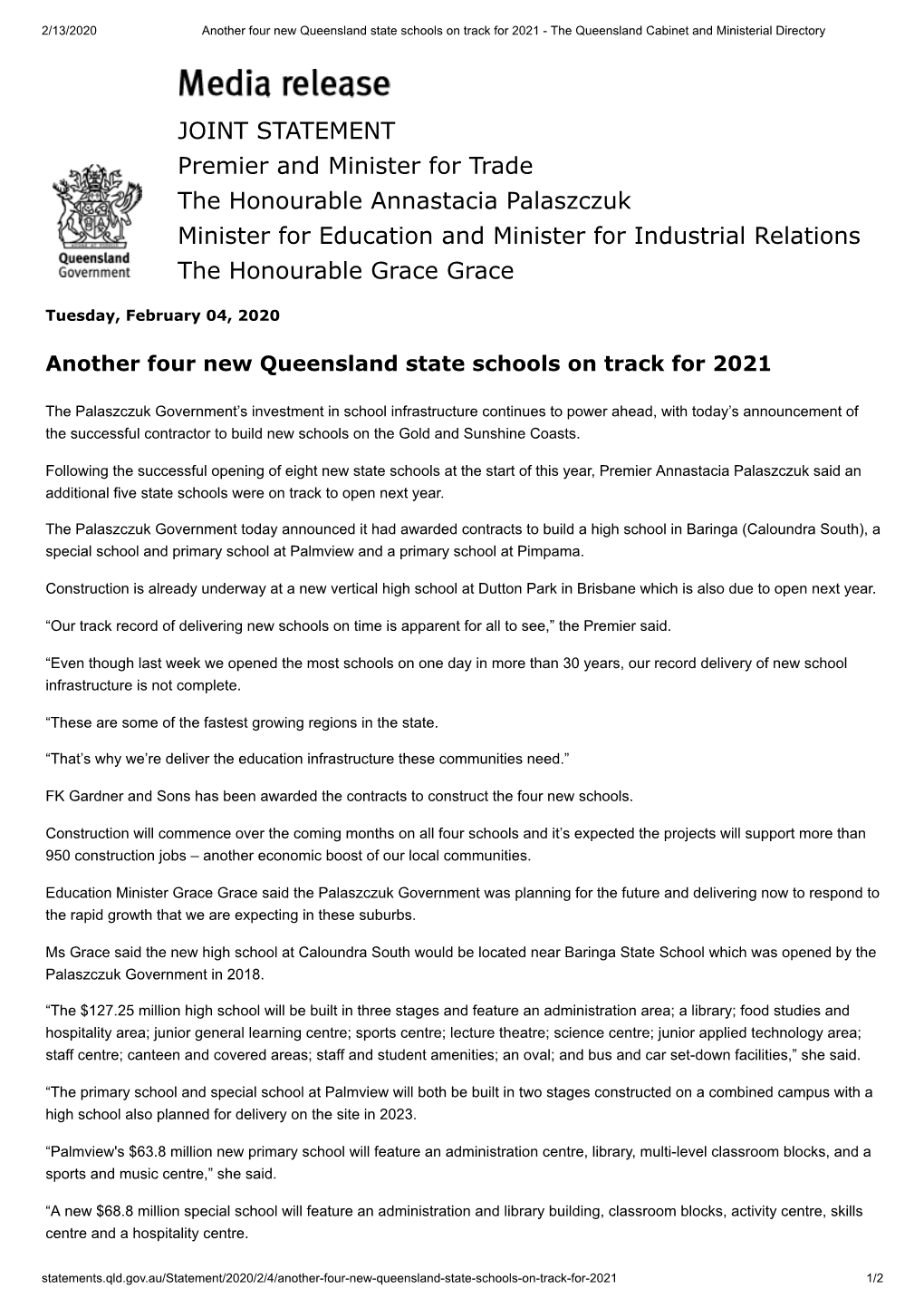 JOINT STATEMENT Premier and Minister for Trade the Honourable Annastacia Palaszczuk Minister for Education and Minister for Indu