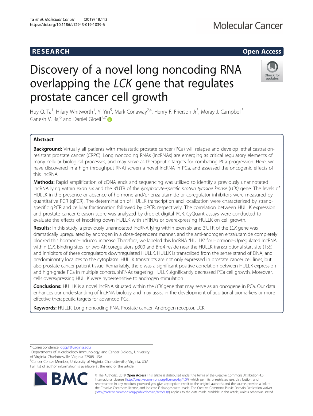 Discovery of a Novel Long Noncoding RNA Overlapping the LCK Gene That Regulates Prostate Cancer Cell Growth Huy Q