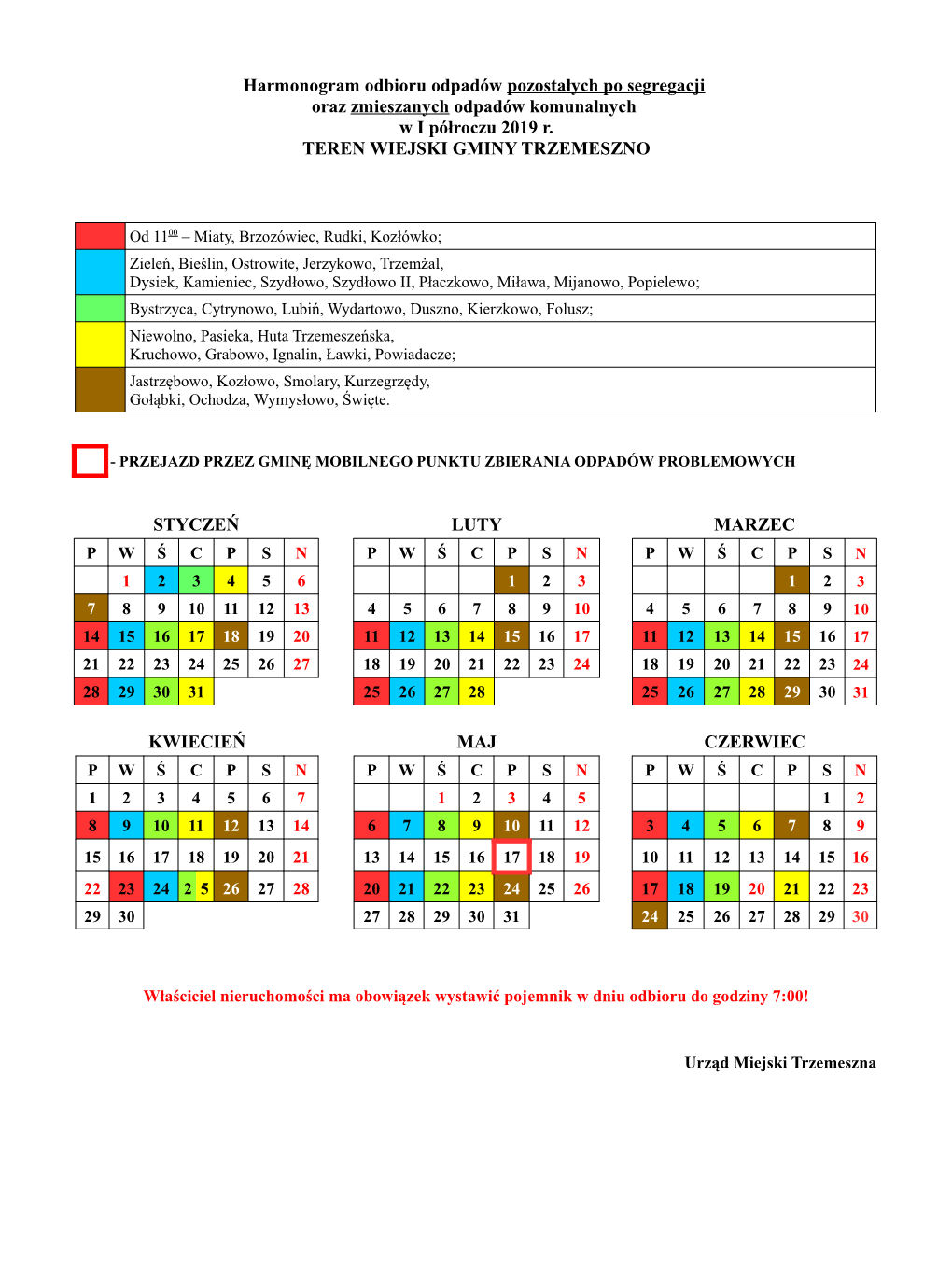 Harmonogram Odbioru Odpadów Pozostałych Po Segregacji Oraz Zmieszanych Odpadów Komunalnych W I Półroczu 2019 R