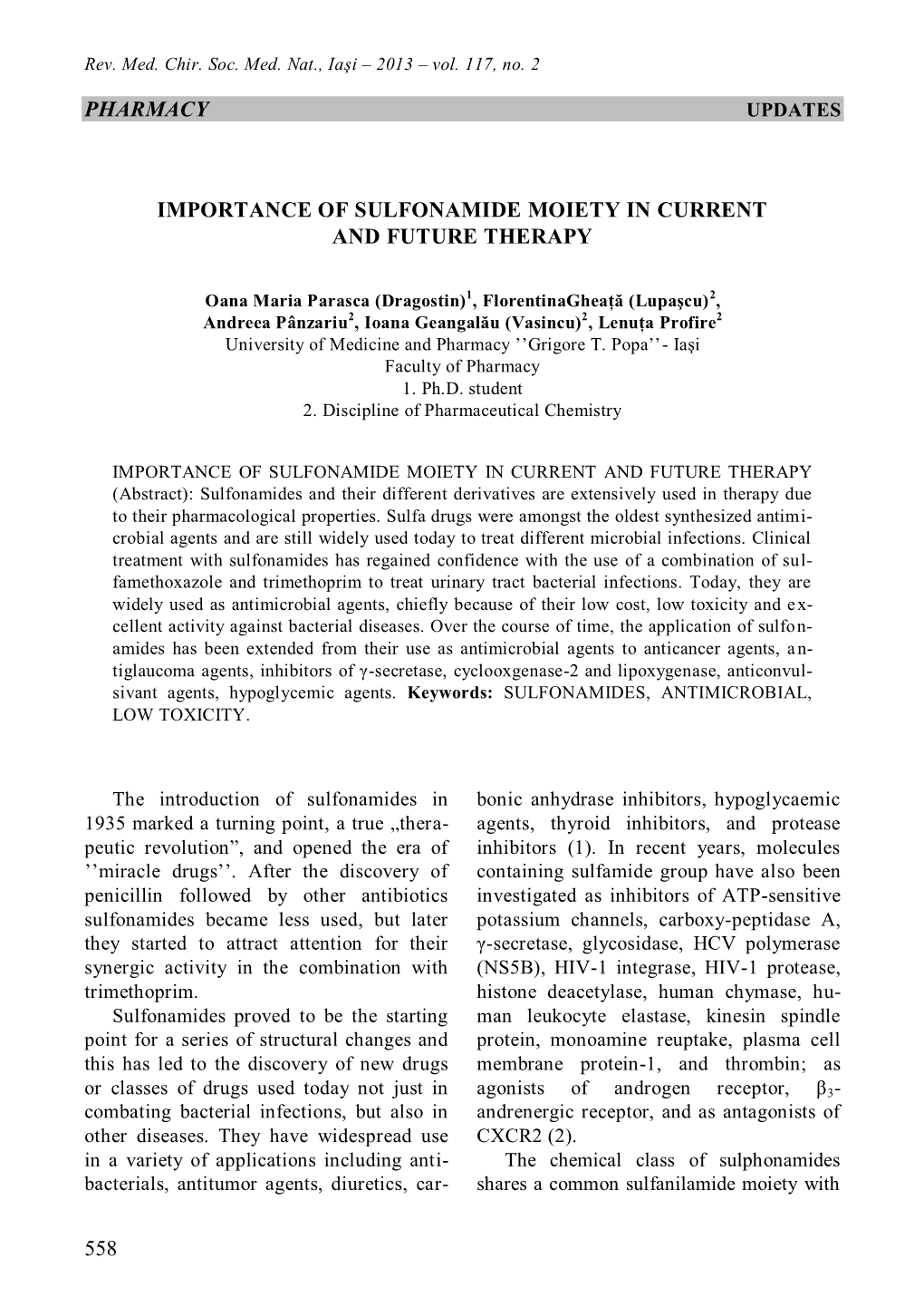 Pharmacy 558 Importance of Sulfonamide Moiety In