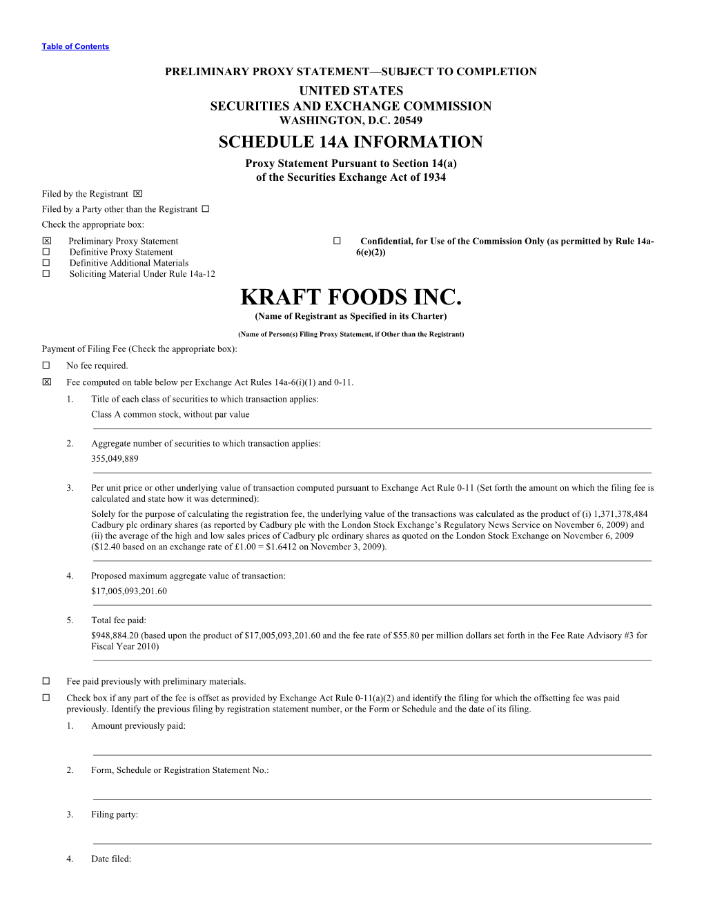 KRAFT FOODS INC. (Name of Registrant As Specified in Its Charter)