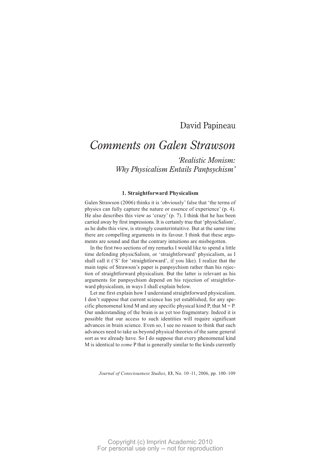 Comments on Galen Strawson ‘Realistic Monism: Why Physicalism Entails Panpsychism’