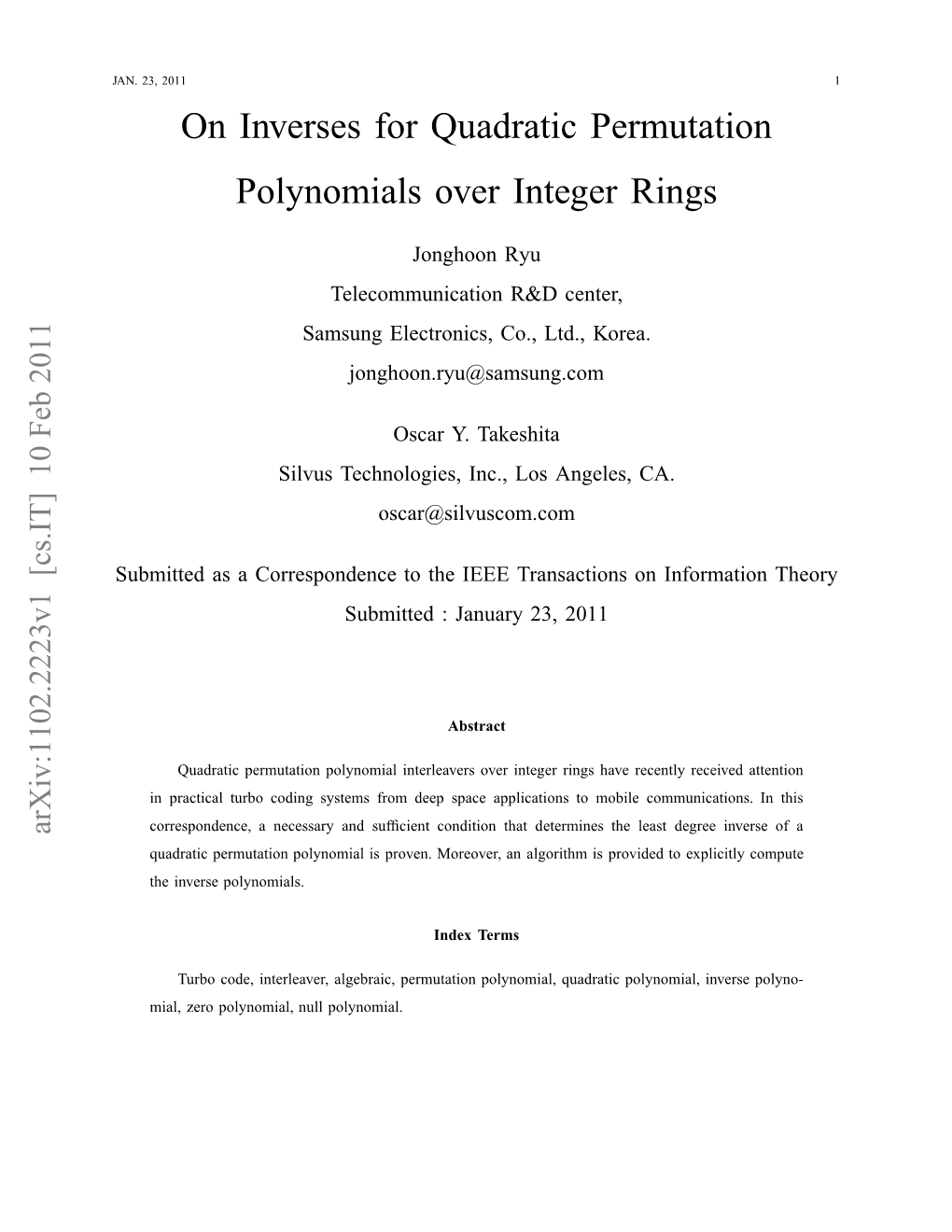 On Inverses for Quadratic Permutation Polynomials Over Integer Rings