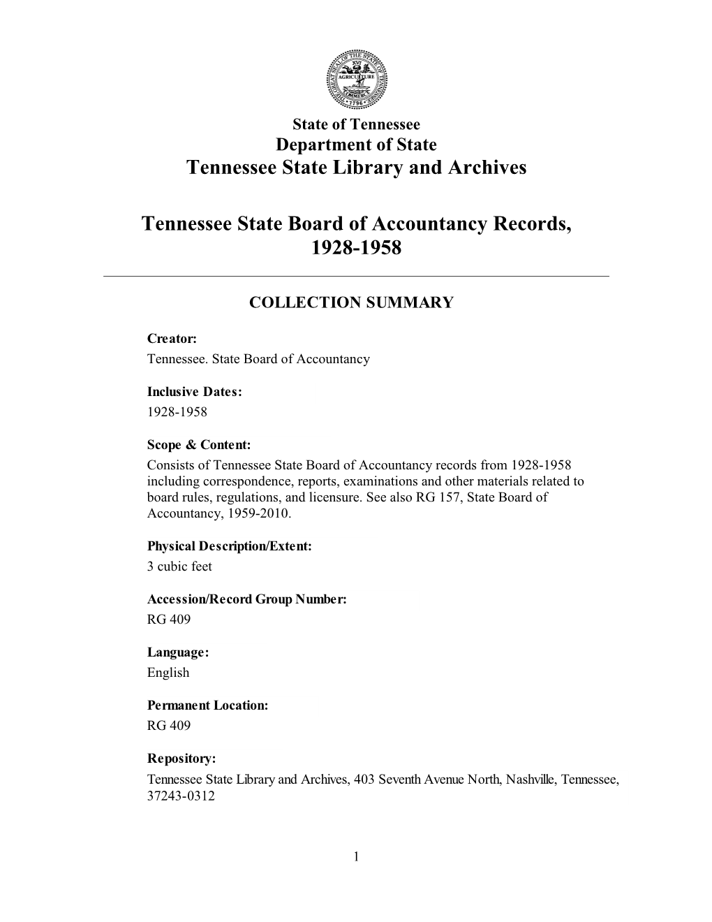 Tennessee State Board of Accountancy Records, 1928-1958