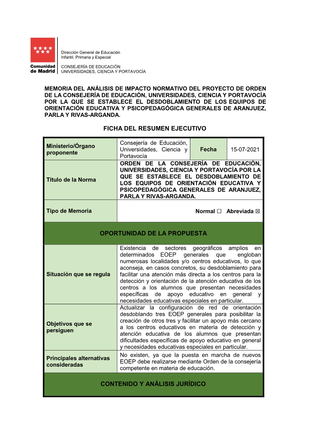 Memoria Del Análisis De Impacto Normativo