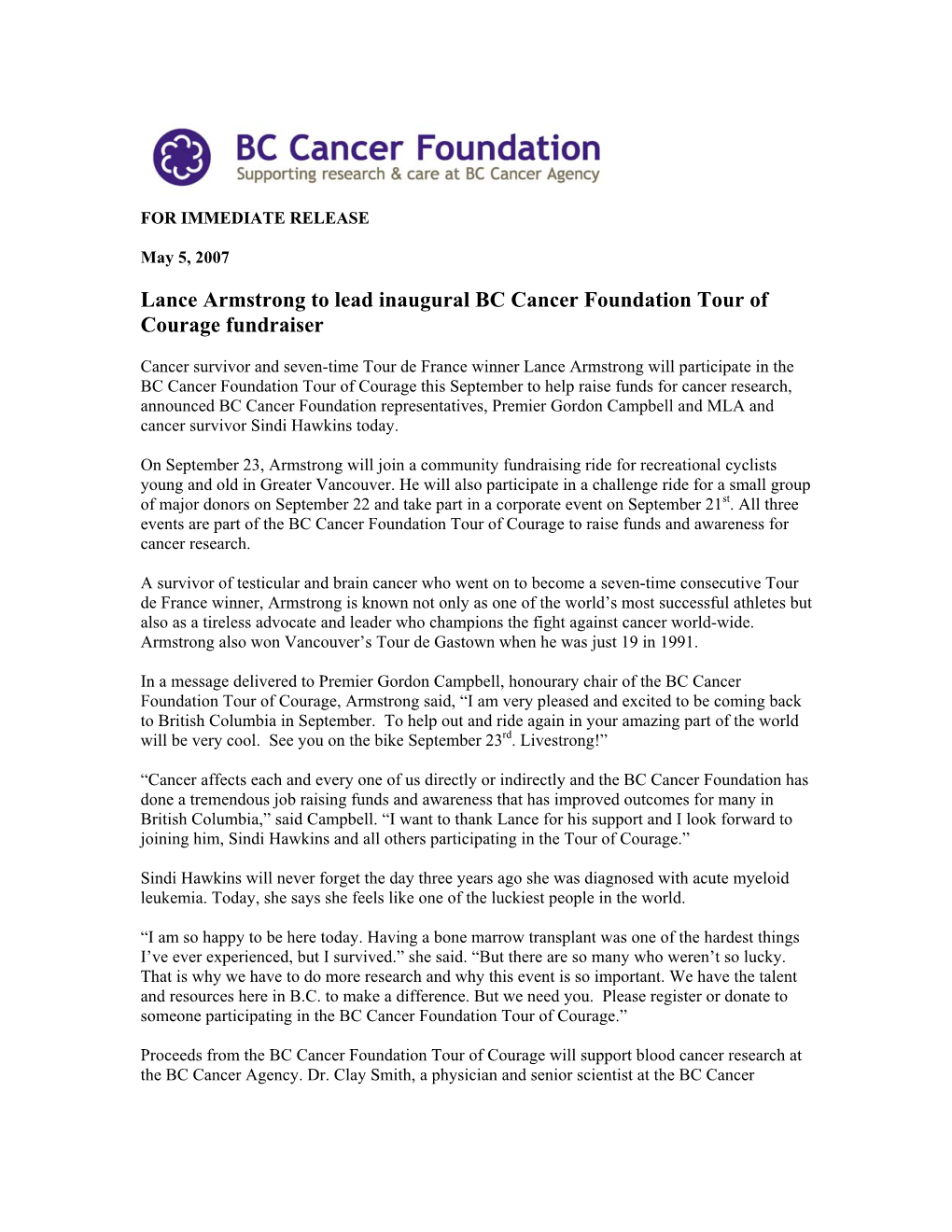 Lance Armstrong to Lead Inaugural BC Cancer Foundation Tour of Courage Fundraiser