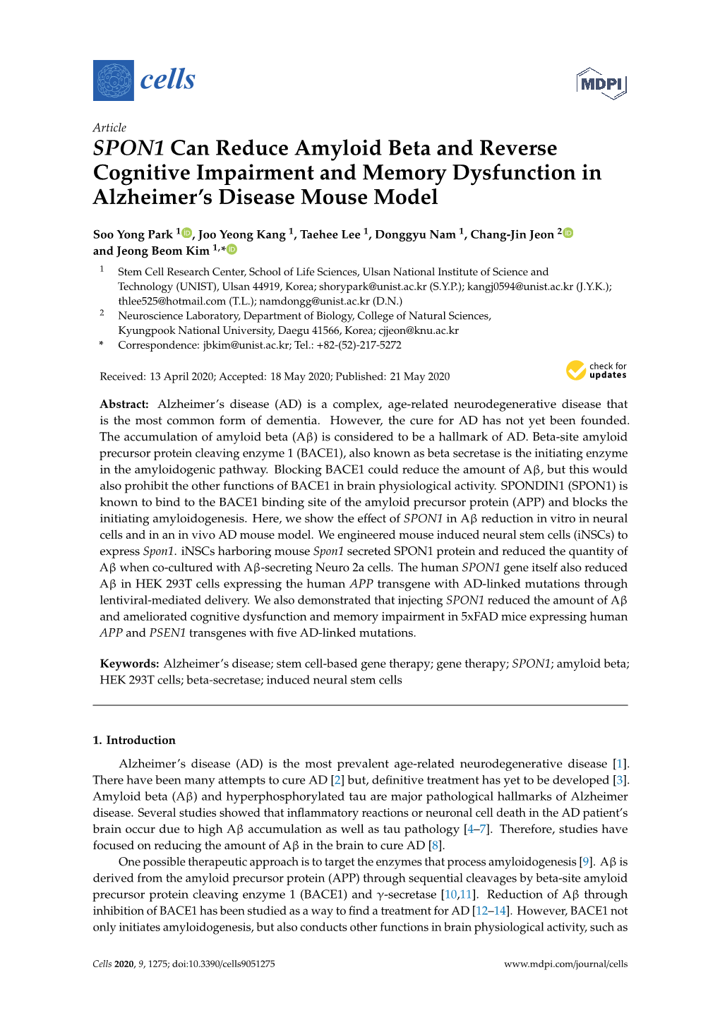 SPON1 Can Reduce Amyloid Beta and Reverse Cognitive Impairment and Memory Dysfunction in Alzheimer’S Disease Mouse Model