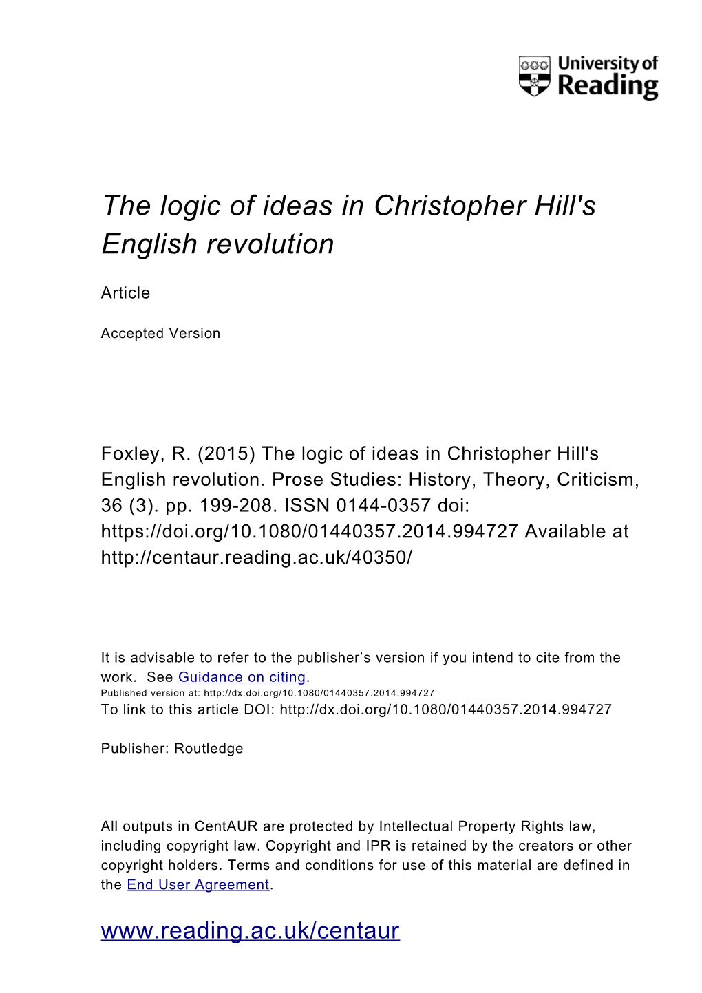 The Logic of Ideas in Christopher Hill's English Revolution