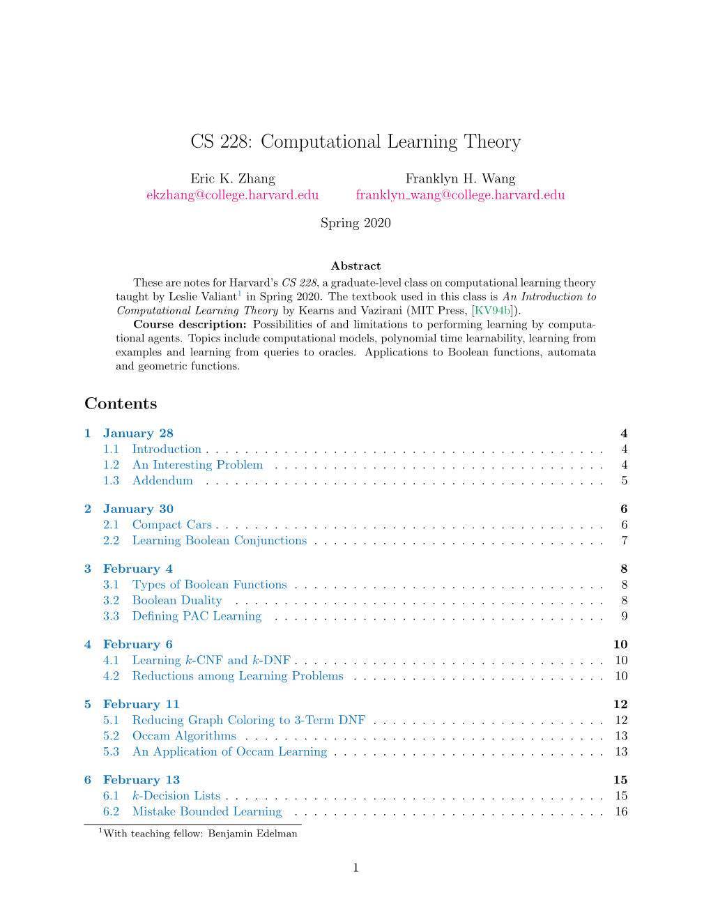 CS 228: Computational Learning Theory