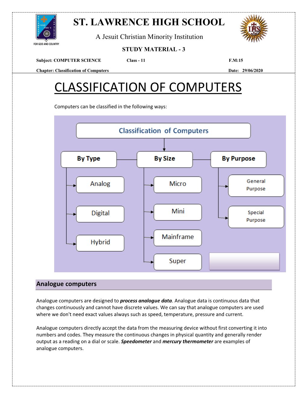 Classification of Computers Date: 29/06/2020 CLASSIFICATION of COMPUTERS