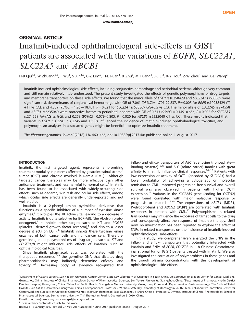 Imatinib-Induced Ophthalmological Side-Effects in GIST Patients Are Associated with the Variations of EGFR, SLC22A1, SLC22A5 and ABCB1